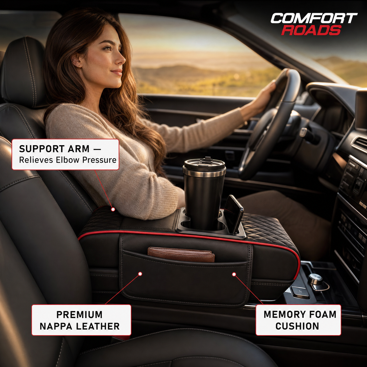 Comfort Roads ™5 in 1 Nappa Leather Console Armrest Cover, Black Red Stitch