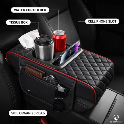 Comfort Roads ™5 in 1 Nappa Leather Console Armrest Cover, Black Red Stitch