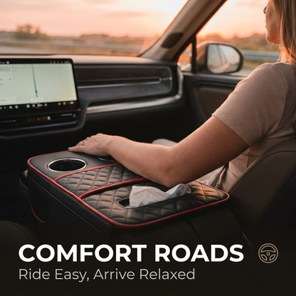 Comfort Roads ™5 in 1 Nappa Leather Console Armrest Cover, Black Red Stitch